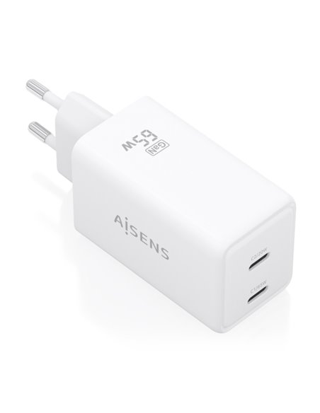 Aisens Cargador GaN 65W - 2xUSB-C PD3.0 QC4.0 - Tecnologia AI - Couleur Blanc