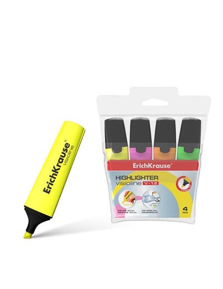 Erichkrause Visioline V-12 Pack de 4 Marcadores Fluorescentes - Pointe Biselada - Encre à Base de Eau - Couleurs Orange, Rose, V