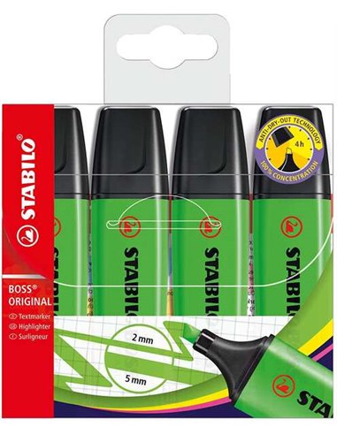 Stabilo Boss 70 Pack de 4 Marcadores Fluorescentes - Trait entre 2 et 5mm - Rechargeable - Encre Avec Base de Eau - Couleur Vert