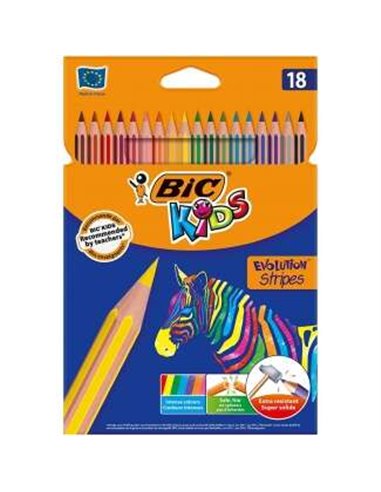 Bic Kids Evolution Stripes Boîte de 18 Lapices de Couleurs assorties - Fabricados en Resina - Pointe Ultraresistente - Mina Pigm