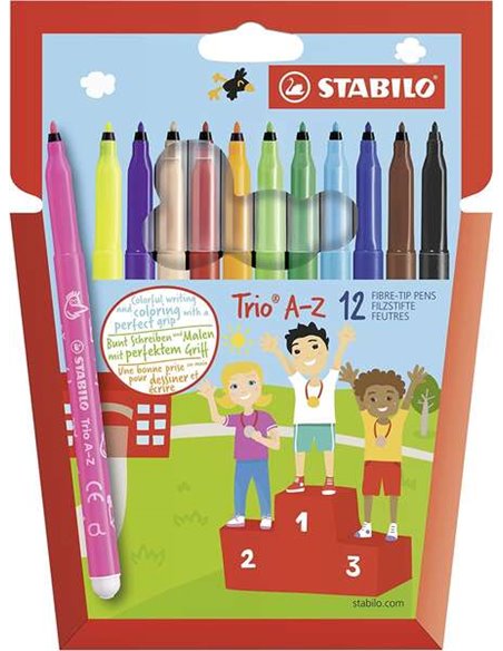 Stabilo Trio À-Z Pack Avec 12 Feutres de Pointe Fina de Fibre - Trait 0.7mm - Encre Super Lavable - Forma Triangular - Couleurs 