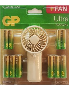 GP Ultra Alcalina Pack de 12 Pilas AAA + 12 Pilas AA + Ventilateur de Mano de Regalo