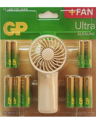 GP Ultra Alcalina Pack de 12 Pilas AAA + 12 Pilas AA + Ventilateur de Mano de Regalo
