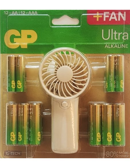 GP Ultra Alcalina Pack de 12 Pilas AAA + 12 Pilas AA + Ventilateur de Mano de Regalo