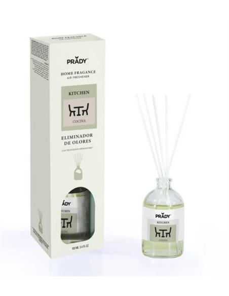 Prady Ambientador Mikado Neutralizador de Odeurs Pour Cocina - Flacon de Cristal 100 ml et Varitas Difusoras