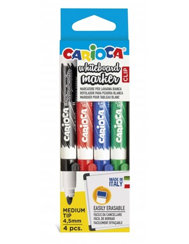 Carioca Whiteboard Clip Pack de 4 Feutres Borrables Pour Pizarras Blancas - Pointe Media - Pointe de Ø 4.5mm - Couvercle Avec Cl