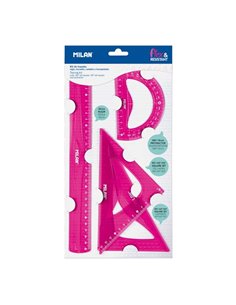 Milan Pack de 4 Reglas Flexibles et Résistants - Règle, Escuadra, Cartabon et Transportador - Couleur Rose
