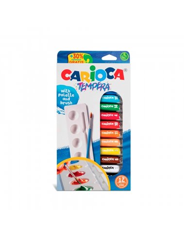 Carioca Pack de 12 Tubitos de Tempera 10ml + Pincel et Paleta - Alto Poder Cubriente - Aplicable en Materiales Porosos - Couleur