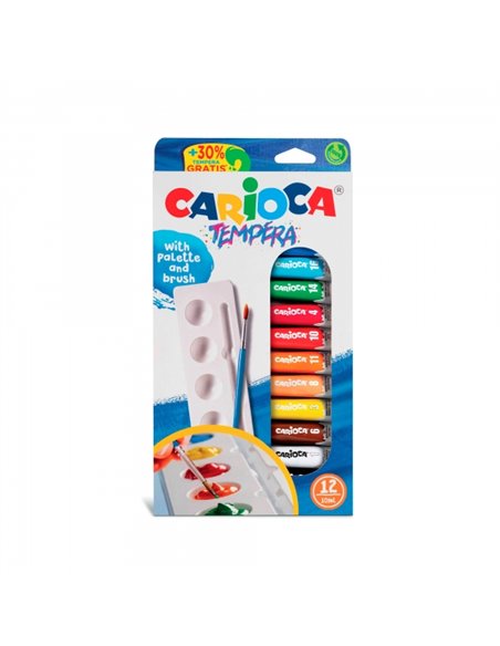 Carioca Pack de 12 Tubitos de Tempera 10ml + Pincel et Paleta - Alto Poder Cubriente - Aplicable en Materiales Porosos - Couleur