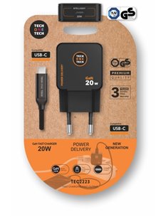 TechOneTech Cargador de Pared Ultrarrápido GaN 20W Noir + Câble USB-C