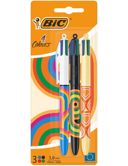 Bic 4 Colours Decors Pack de 3 Boligrafos de Bola Retractil - Pointe Media de 1.0mm - Encre Avec Base de Aceite - 4 Couleurs