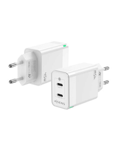 Aisens Cargador GAN 45W - 2xUSB-C PD3.0 QC4.0 - Couleur Blanc