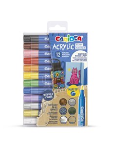 Carioca Acrylic Pack de 12 Marcadores de Pintura Acrilica - Pointe Maxi - Encre à Base de Eau - Haute Cobertura - Couleurs assor
