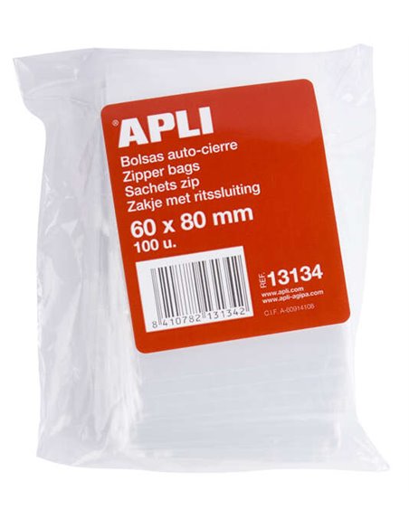 Apli Bolsas Zip Auto Fermeture Transparentes 60x80mm - Material LDPE - Fermeture Seguro et Facile Manipulacion - Usage Alimentic