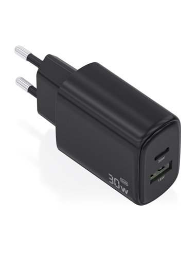 Aisens Cargador GaN 30W - 1xUSB-C PD3.0 QC4.0 - 1xUSB-À QC3.0 - Tecnologia AI - Couleur Noir