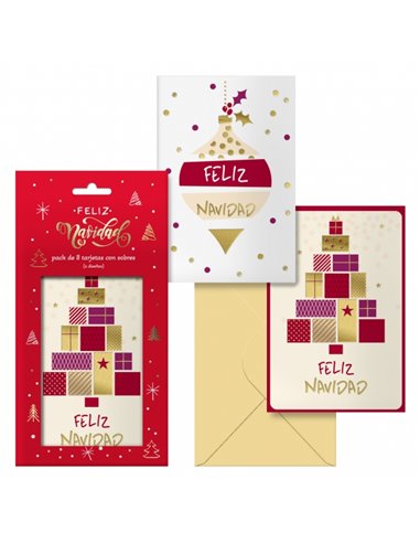 Dohe Glytter Pack de 8 Tarjetas de Felicitacion Navideña Avec Sobre - 2 Modelos Distintos - Taille 12,2x23,5cm - Papier Offset -