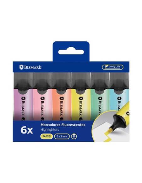 Bismark Long-Life Pack de 6 Marcadores Fluorescentes - Pointe Biselada 2 - 5mm Aprox - Encre Base de Eau - Larga Duracion - Coul
