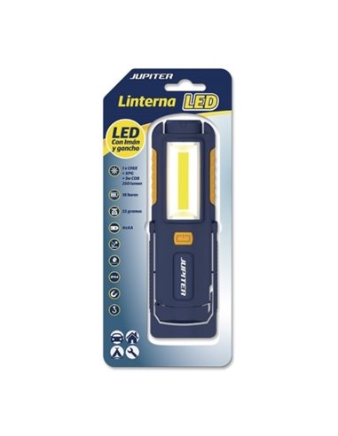 Jupiter Linterna de Travail LED+COB 250lm - Avec Iman et Gancho - Resistencia IP44 - Funciona Avec 4 Pilas AA (No Incluidas) - C