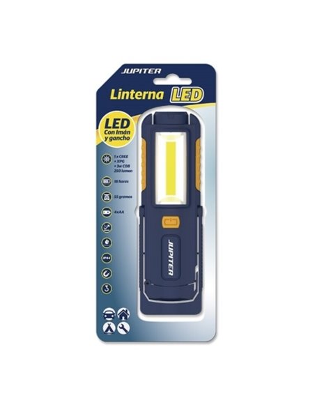 Jupiter Linterna de Travail LED+COB 250lm - Avec Iman et Gancho - Resistencia IP44 - Funciona Avec 4 Pilas AA (No Incluidas) - C