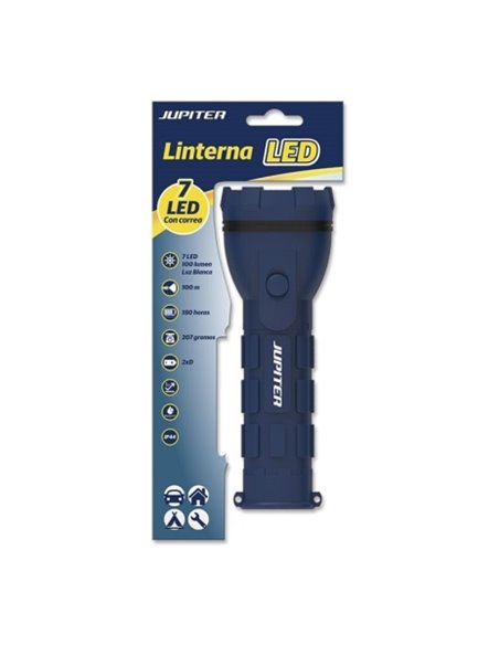 Jupiter Linterna de Luz Blanca 7 LED 100lm - Corps de Goma - Resistencia IP44 - Funciona Avec 2 Pilas D R20 (No Incluidas) - Cou
