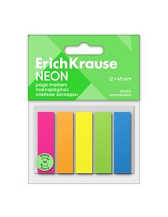 ErichKrause Pack de 5 Blocs de 25 Marcadores de Pagina de Plastico 12x45mm - Couleurs Jaune, Bleu, Orange, Vert et Rose Neon