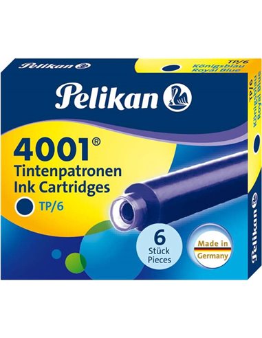 Pelikan 4001 TP/6 Pack de 6 Cartuchos - Encre de Haute qualité - Compatible Avec Plumas Estilograficas - Couleur Bleu Real