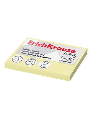 ErichKrause Bloc de 100 Notas Adhesivas 50x75mm - Removibles - Couleur Jaune Clair