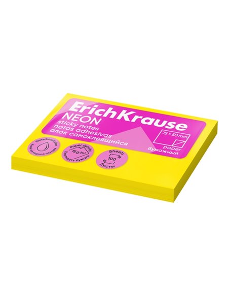 ErichKrause Bloc de 100 Notas Adhesivas 50x75mm - Removibles - Couleur Jaune Neon