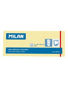 Milan Pack de 3 Blocs de 100 Notas Adhesivas Removibles - Taille 38x50mm - Couleur Jaune Clair
