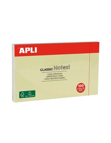 Apli Classic Bloc de 100 Notas Adhesivas 125 x 75 mm - Couleur Jaune