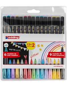 Edding 1200 Metallic and Glitter Pack de 15 Feutres - Pointe Ronde - Trait Metallic 1-3mm, Glitter 3mm - Encre Avec Base de Eau 