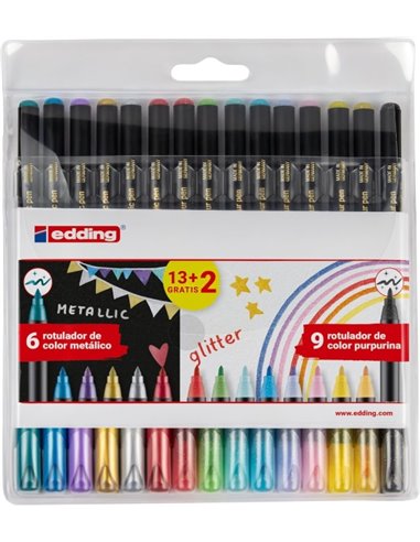 Edding 1200 Metallic and Glitter Pack de 15 Feutres - Pointe Ronde - Trait Metallic 1-3mm, Glitter 3mm - Encre Avec Base de Eau 