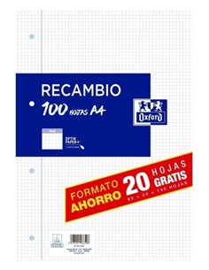 Oxford Recambio Format A4 Cuadriculado 4x4mm 4 Taladros - 80 Feuilles + 20 Gratis 90gr Avec Margen
