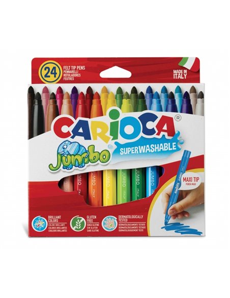 Carioca Jumbo Pack de 24 Feutres - Corps Octogonal Maxi - Encre Superlavable - Pointe Maxi 6mm Bloqueada - Couvercle Ventilada -
