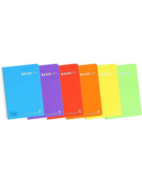 Enri Plus Cahier Spirale Format Folio 1 Linea - 80 Feuilles 90gr Avec Margen - Cubierta de Plastico - Couleurs assorties