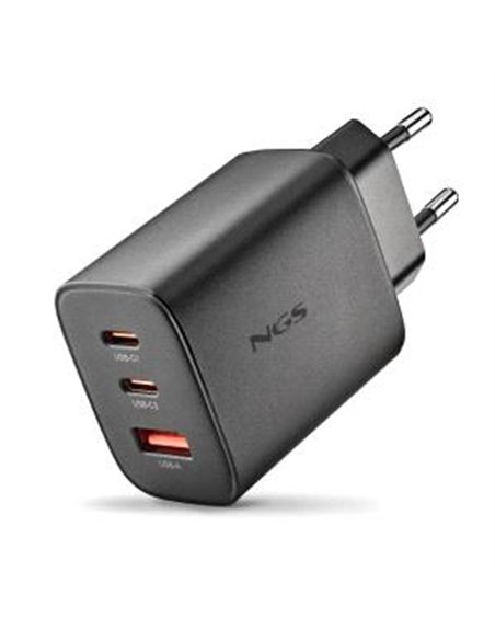 NGS ERA 65W Cargador de Pared Ultrarrapido GaN - 2 USB-C et 1 USB-À - Couleur Noir
