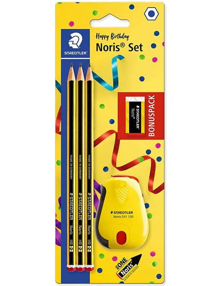 Staedtler Noris 120 Pack de 3 Lapices de Grafito Hexagonales + Goma de Borrar + Sacapuntas - Mina HB Ultrarresistente de 2mm - B