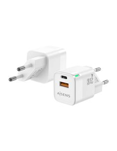 Aisens Cargador GAN 20W - 1xUSB-C PD3.0 QC4.0 - 1xUSB-À QC3.0 - Couleur Blanc