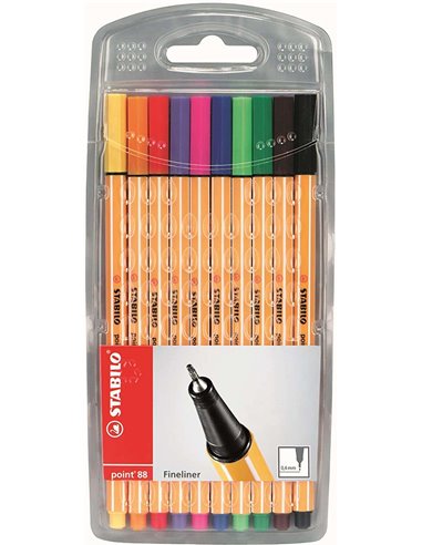 Stabilo Point 88 Pack de 10 Feutres de Pointe Fina de Fibre - Trait de 0.4 mm - Encre Avec Base de Eau - Couleurs assorties