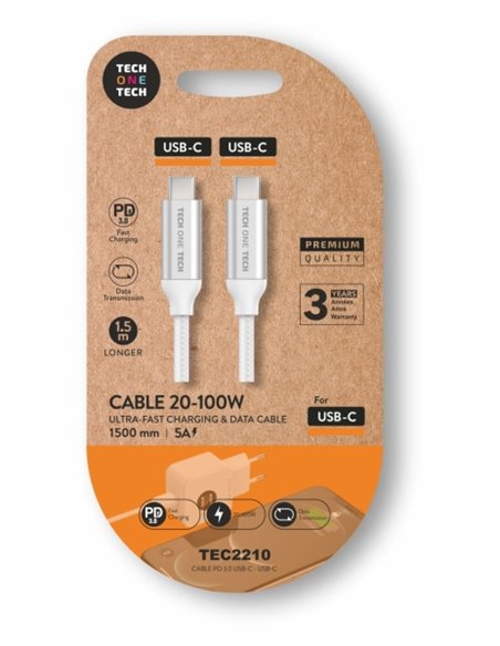 TechOneTech Câble USB-C Mâle à USB-C Mâle 1m - Recubierto de Nylon Tressé Blanc