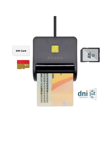 Aisens Lector de Carte Intelligente DNI Avec Lector de Tarjetas SIM - SD - Micro SD - MMC - RS-MMC - MMC Micro - Couleur Noir