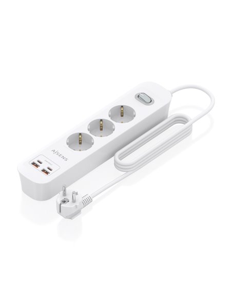 Aisens Regleta Avec 3 Tomas Schuko - 2xUSB-C - 2xUSB-À - Câble de 1.4m - Interruptor Avec Indicateur LED - Power Delivery 3.0 - 