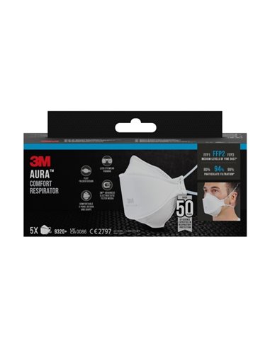 3M Aura Pack de 5 Mascarillas Pour Particulas FFP2 - Desechable - Sans Valvula - Pour Niveles Medios de Particulas - Couleur Bla