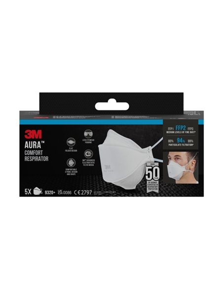 3M Aura Pack de 5 Mascarillas Pour Particulas FFP2 - Desechable - Sans Valvula - Pour Niveles Medios de Particulas - Couleur Bla
