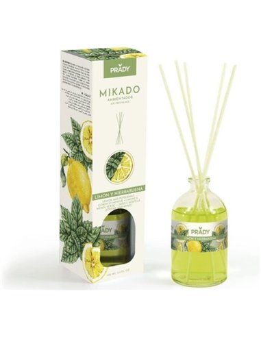 Prady Ambientador Mikado Limon et Hierbabuena - Flacon de Cristal 100 ml et Varitas Difusoras