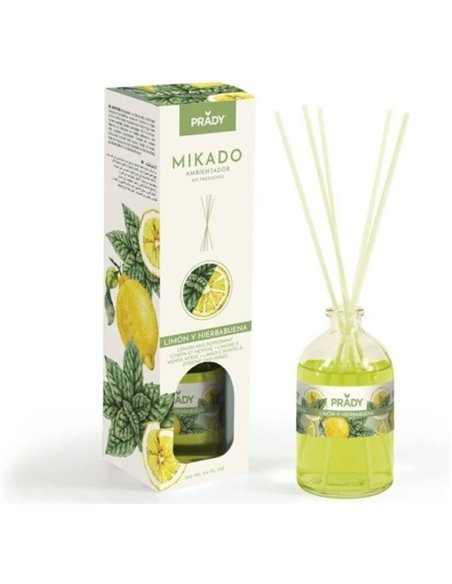 Prady Ambientador Mikado Limon et Hierbabuena - Flacon de Cristal 100 ml et Varitas Difusoras