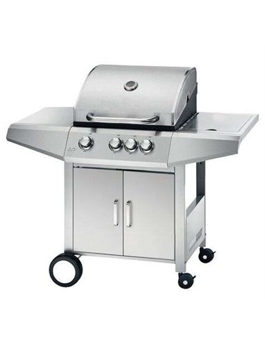 Muvip Barbacoa Gas Inox 4 Fuegos - Estructura de Acier Inoxydable - 3 Fuegos Centrales + 1 Fuego Latéral - 2 Rejillas Esmaltadas