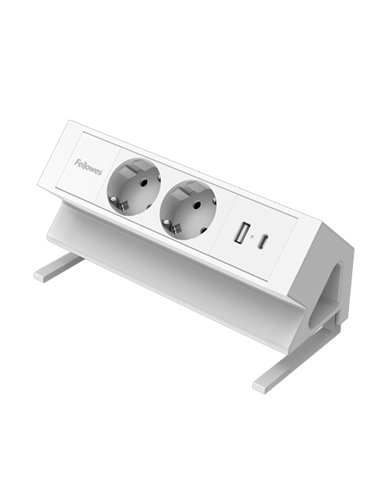 Fellowes Regleta de Sobremesa de 2 Tomas - USB-À - USB-C - Câble 2m - Abrazadera Pour Escritorios de 10 à 45mm - 19.64x9.7x8.75c
