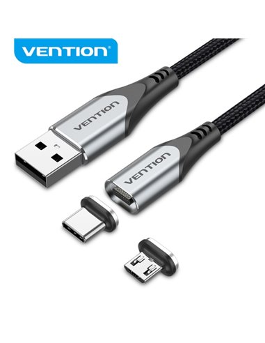 Vention CQMHD Câble USB-À 2.0 à Micro-B et USB-C Magnetico - Conectores Intercambiables - Transfert 480 Mb/s - Couleur Gris
