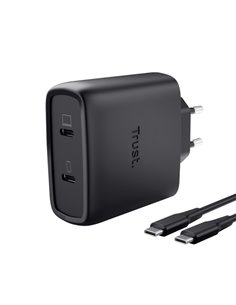 Trust Maxo Cargador de Pared - 65W - GaN - 2xUSB-C - Câble USB-C de 2m - Power Delivery - Plastico Reciclado - 30x63x97mm - Coul